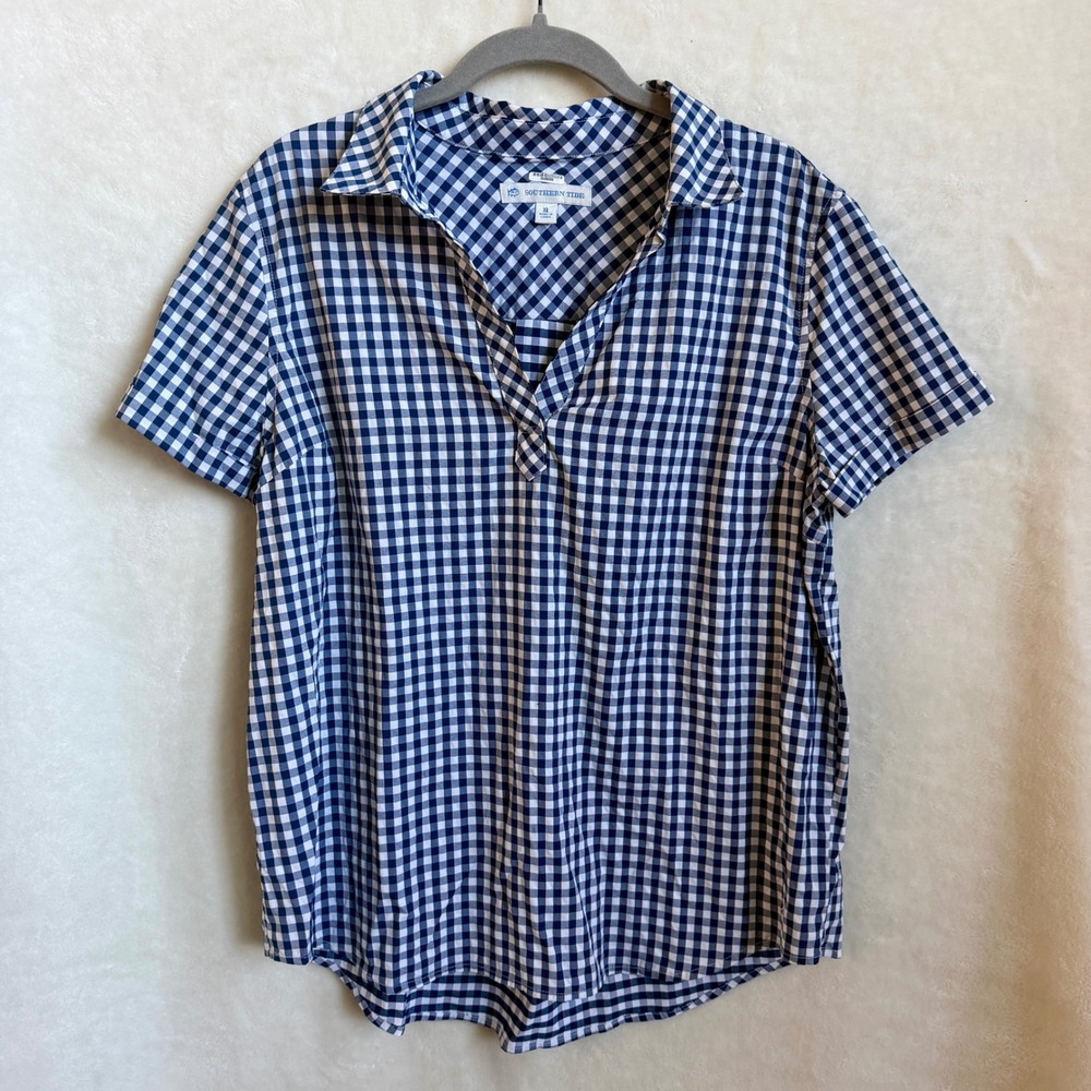 Southern Tide Navy Gingham Gameday Popover Shirt Womens Short Sleeve Size XL